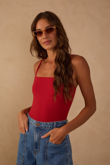 Red Basic Ribbed Bodysuit