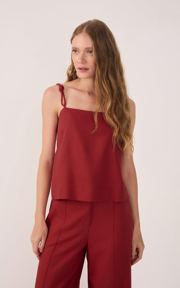Red Square Neck Knot Ties Linen Blouse