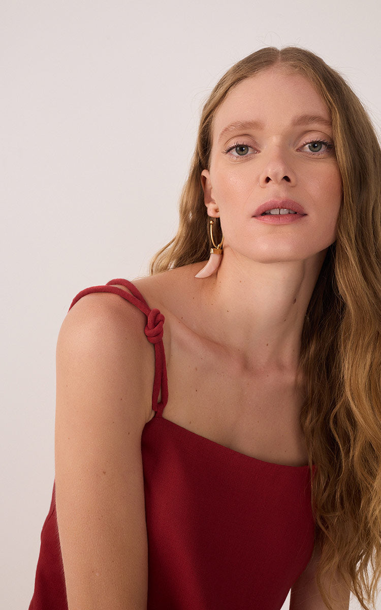 Red Square Neck Knot Ties Linen Blouse