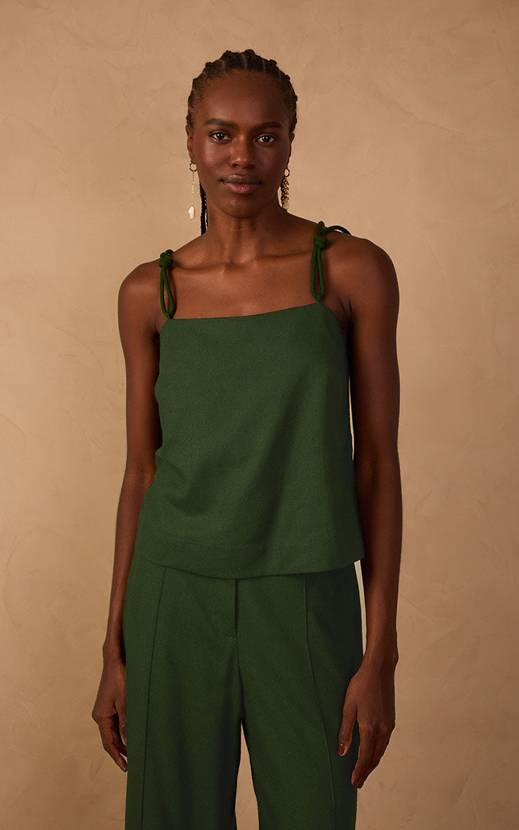 Green Square Neck Knot Ties Linen Blouse