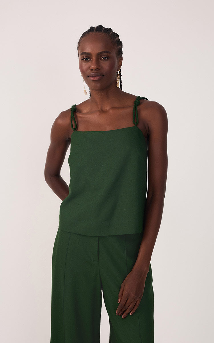 Green Square Neck Knot Ties Linen Blouse