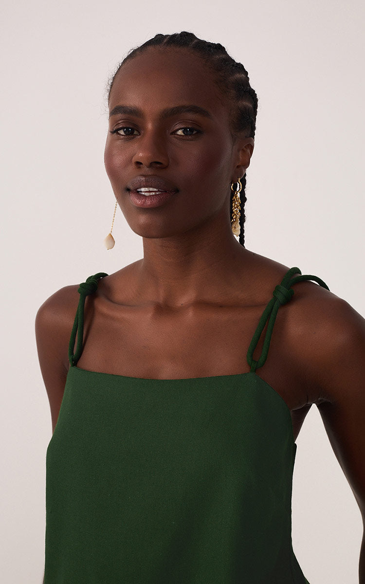 Green Square Neck Knot Ties Linen Blouse