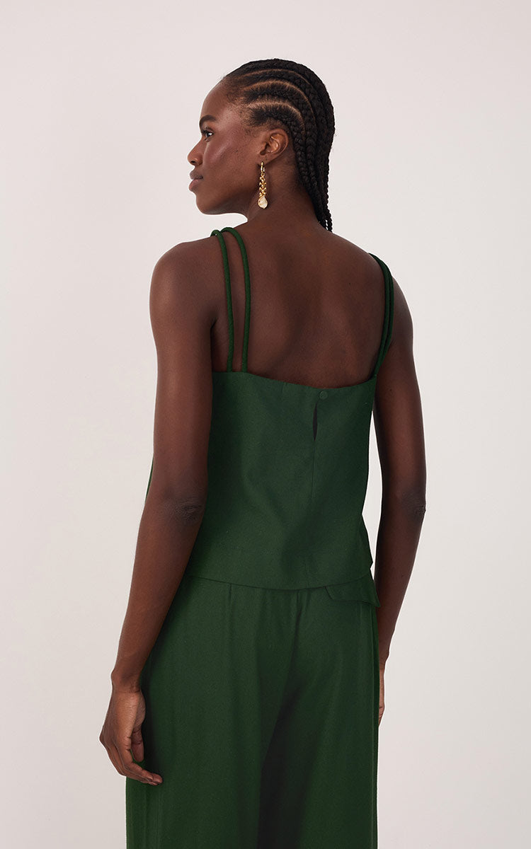 Green Square Neck Knot Ties Linen Blouse