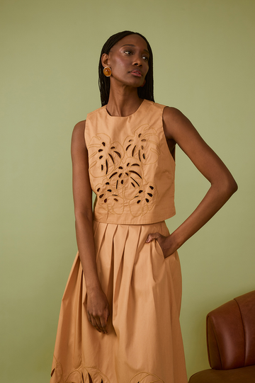 Beige Leme Foliage Embroidered Cotton Blouse
