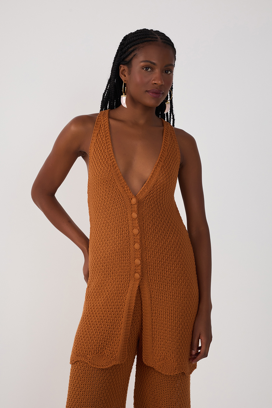 Brown Wavy-hem Knitted Tunic