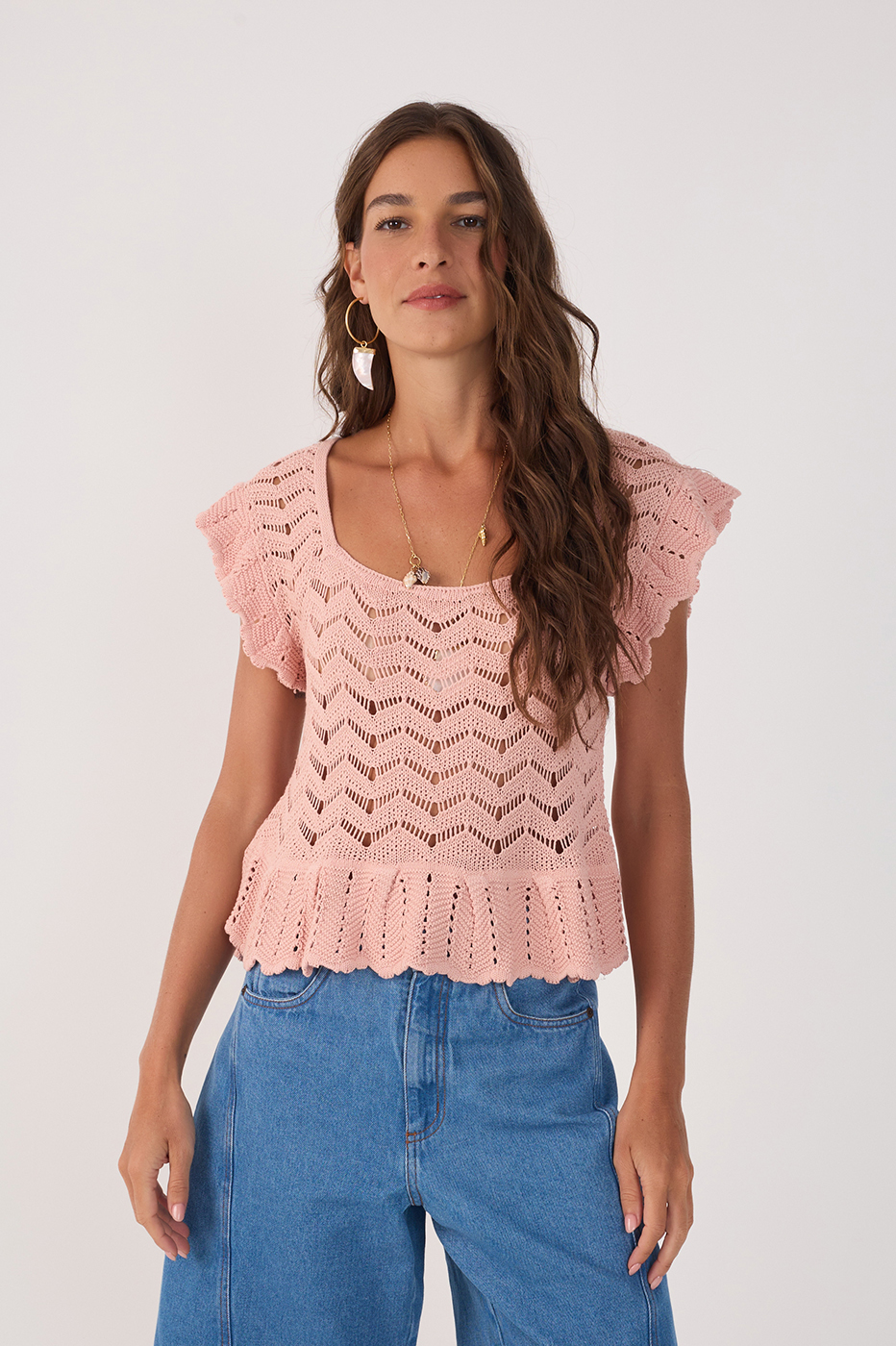 Pink Square Neck Sleeveless Tricot Blouse