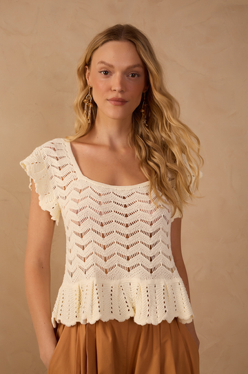 Beige Square Neck Sleeveless Tricot Blouse