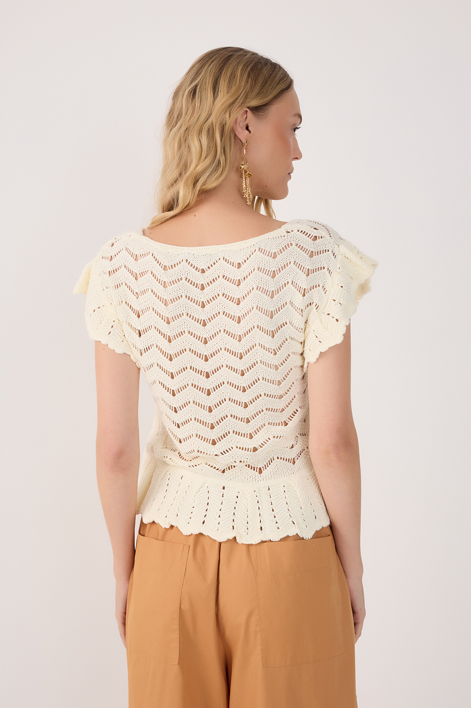 Beige Square Neck Sleeveless Tricot Blouse