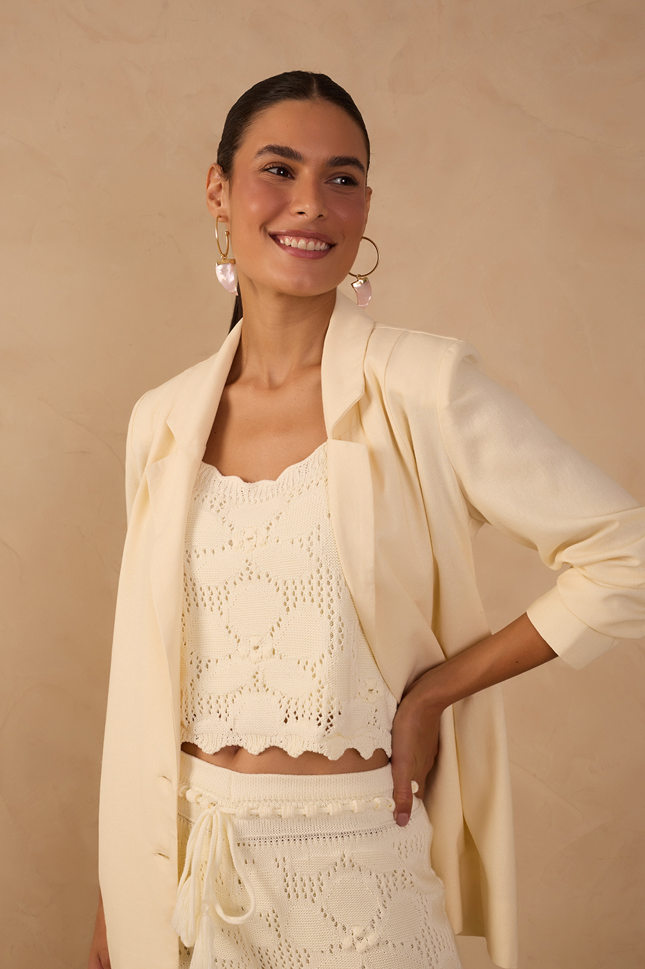 Beige Square Neck Sleeveless Tricot Blouse