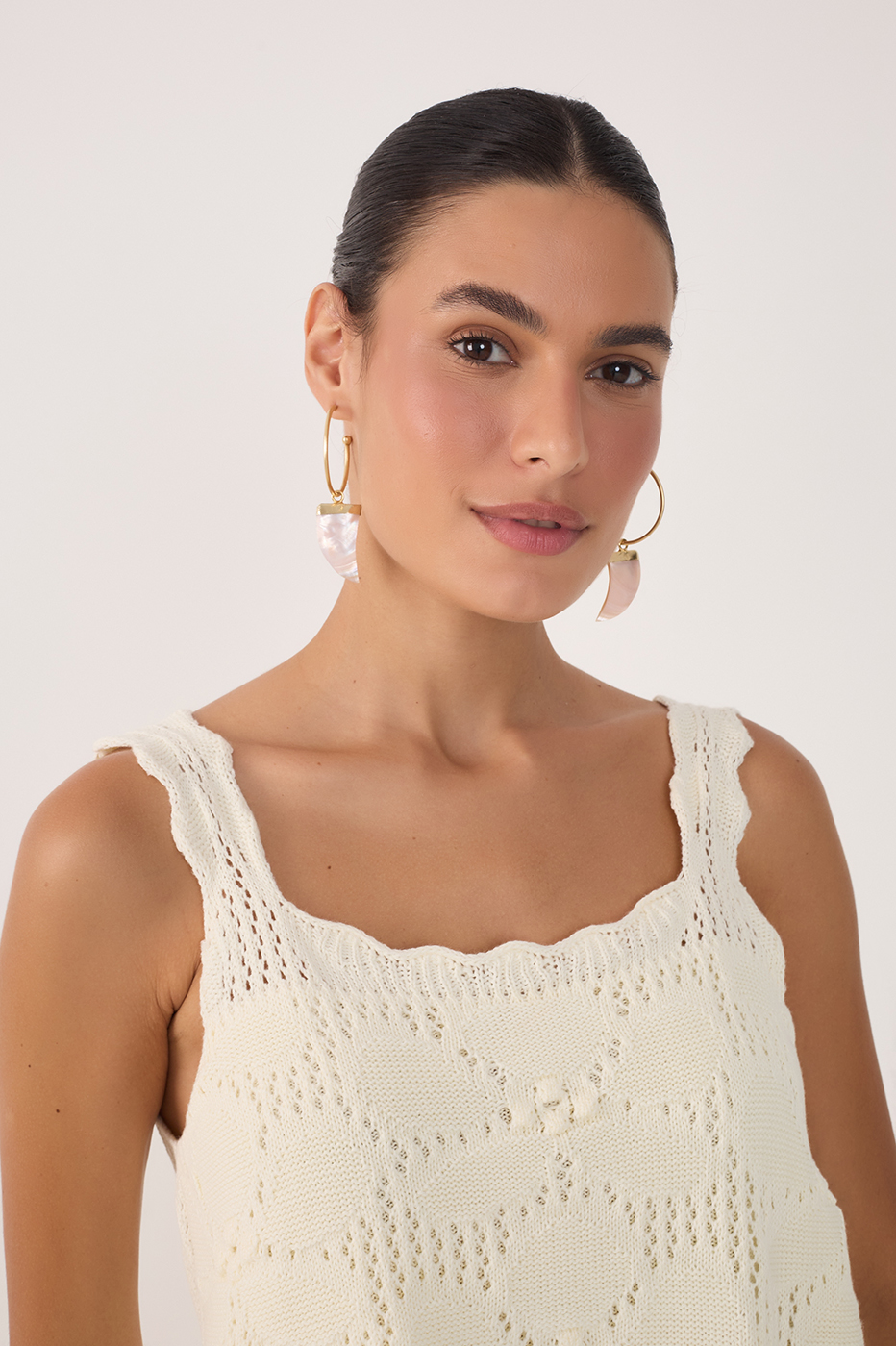 Beige Square Neck Sleeveless Tricot Blouse
