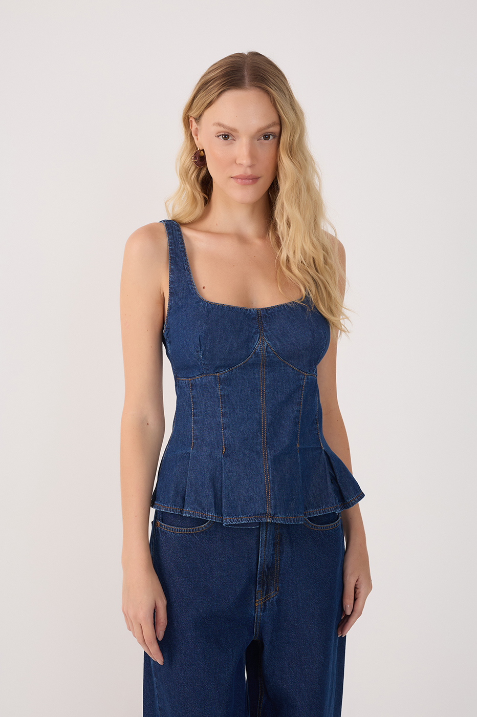 Denim Topstitching Pleats Sleeveless Top
