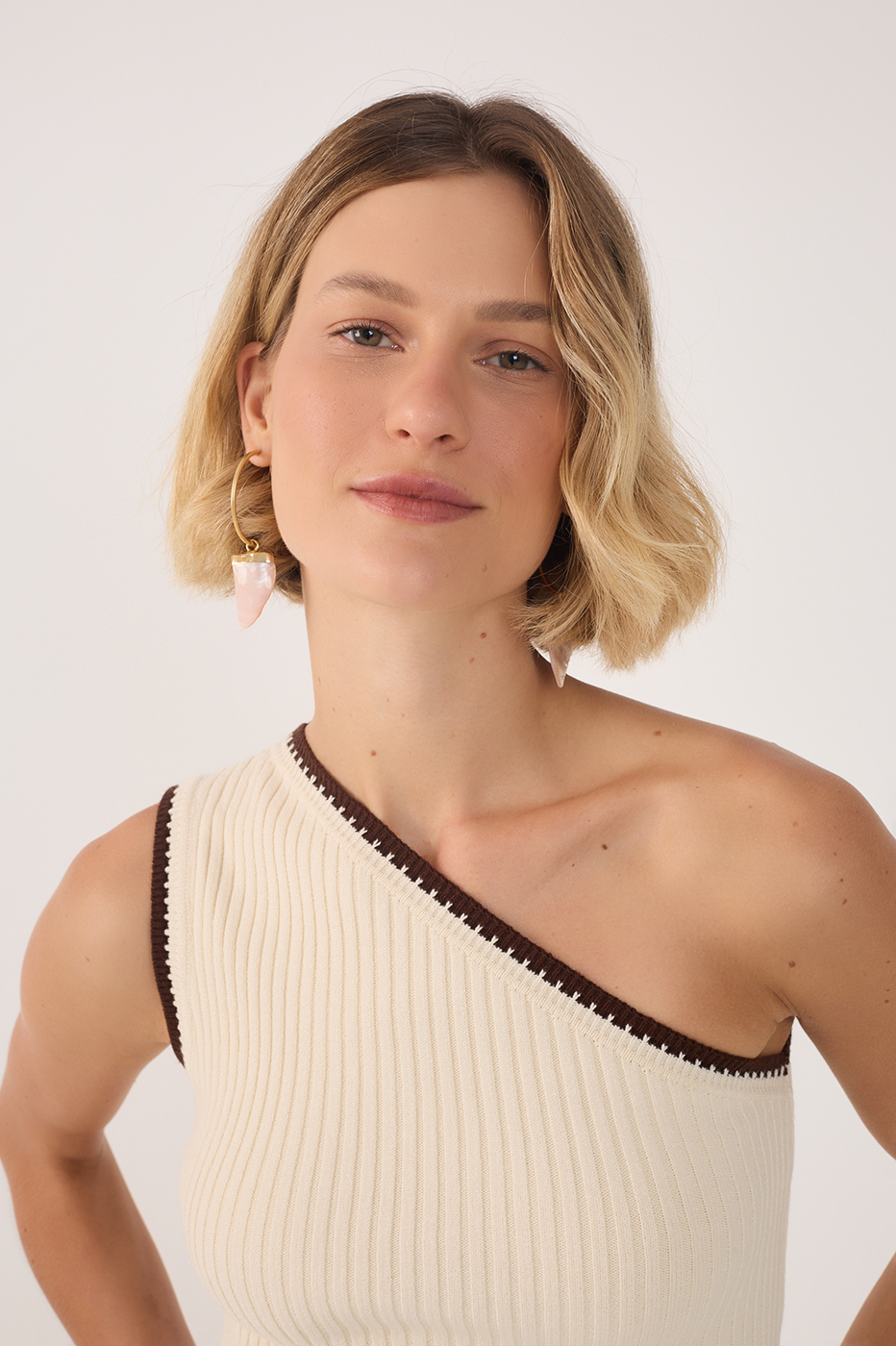 Beige Ribbed One-Shoulder Tricot Top