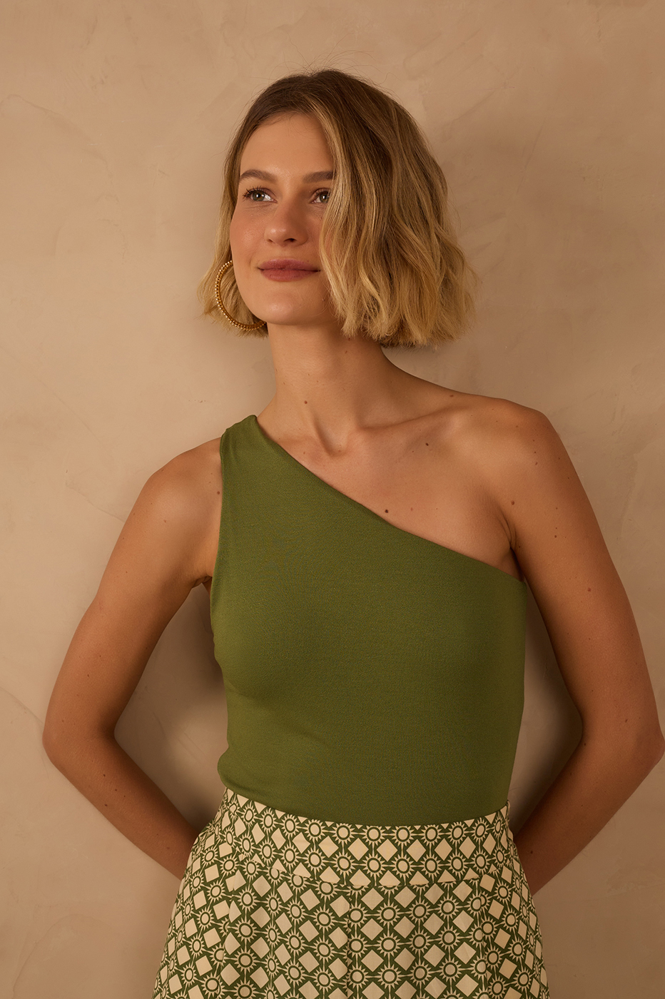 Green Coco One-Shoulder Crepe Bodysuit