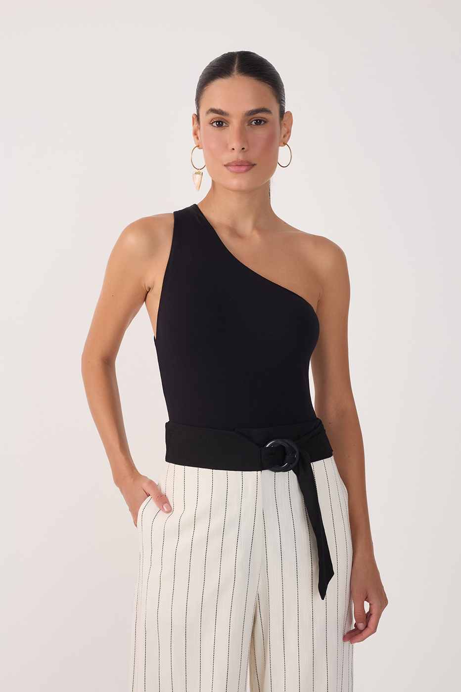 Black One-Shoulder Crepe Bodysuit