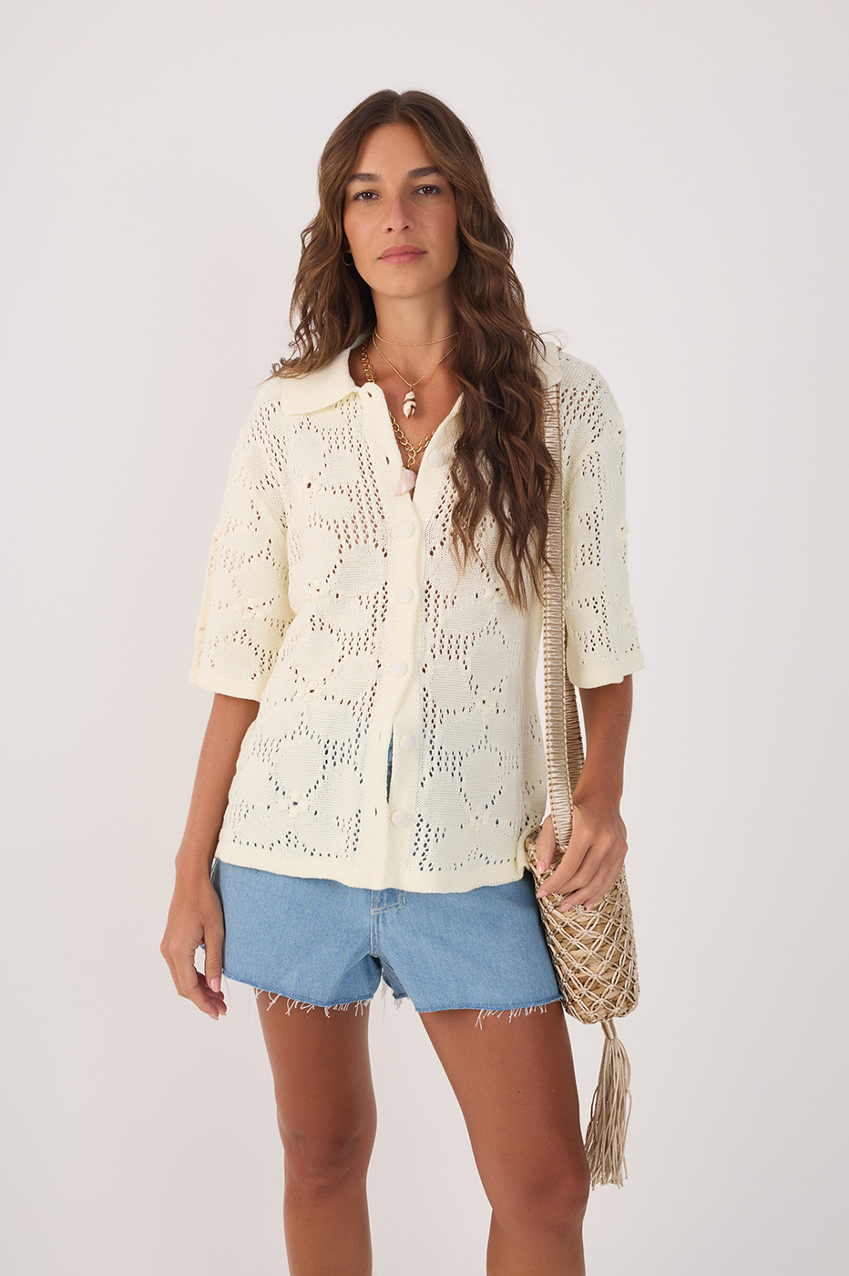 Beige Buttoned Short Sleeve Tricot Shirt