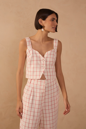 Off-White Plaid Buttoned Linen Blouse