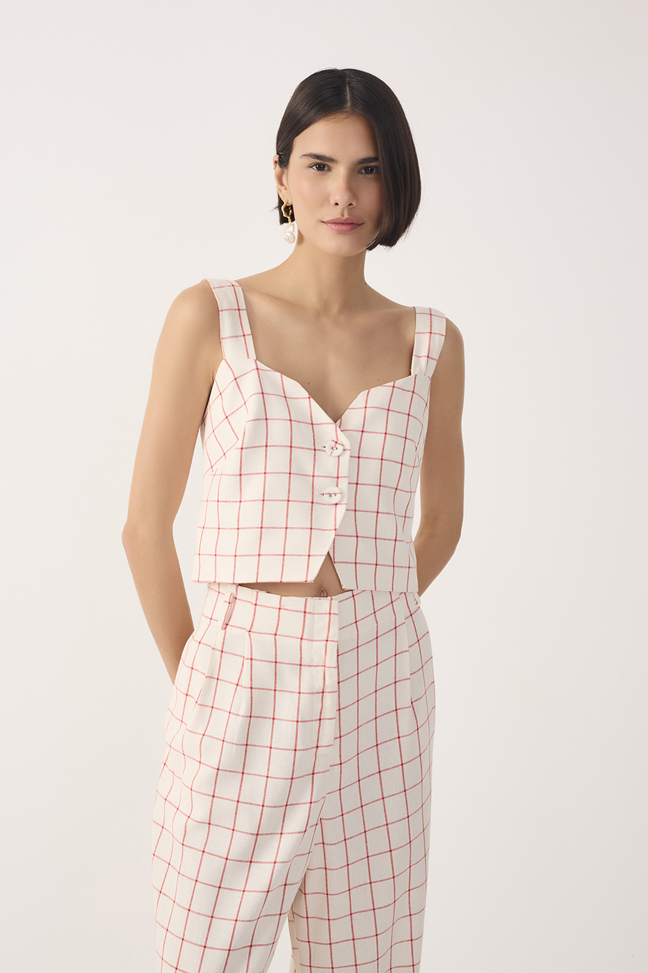 Off-White Plaid Buttoned Linen Blouse