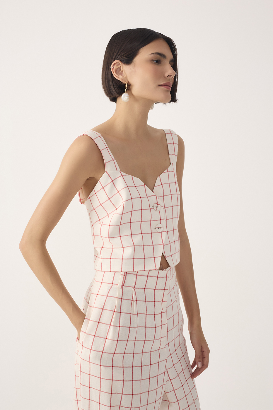 Off-White Plaid Buttoned Linen Blouse