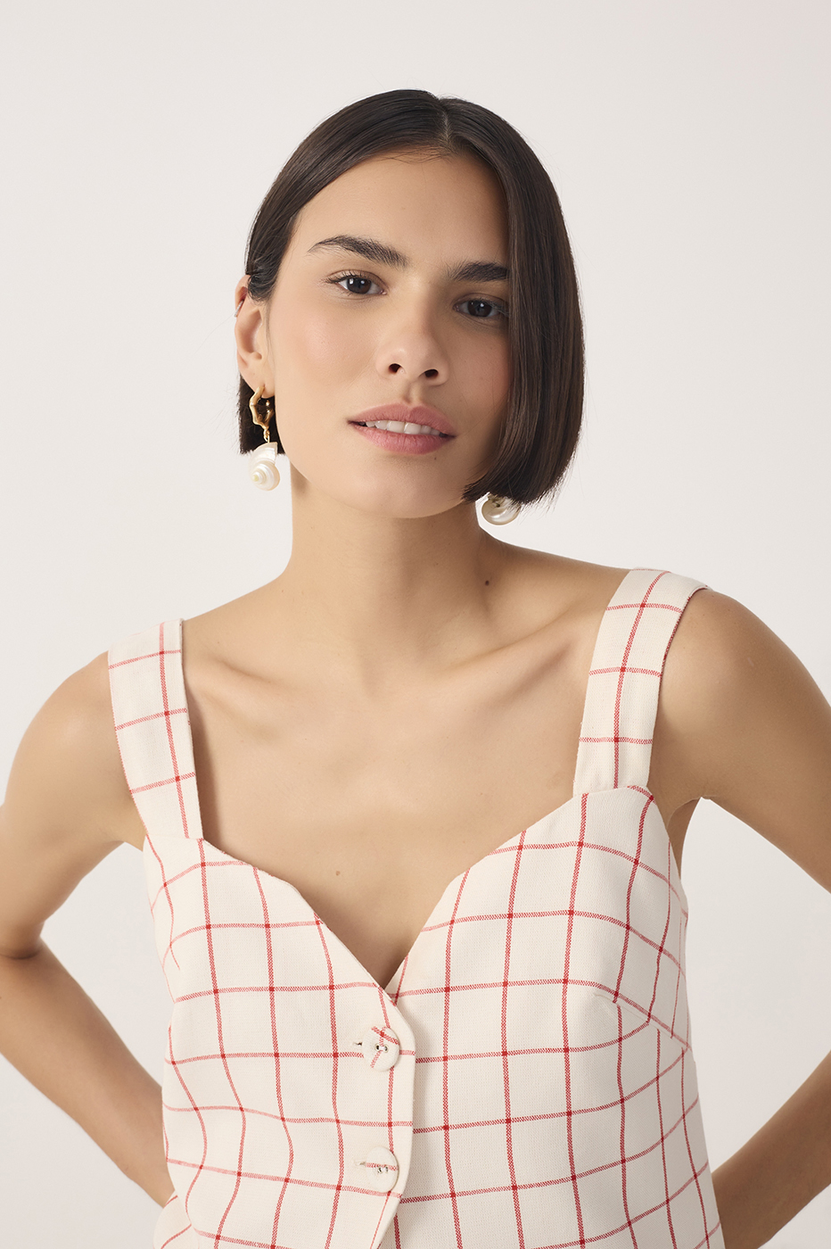 Off-White Plaid Buttoned Linen Blouse