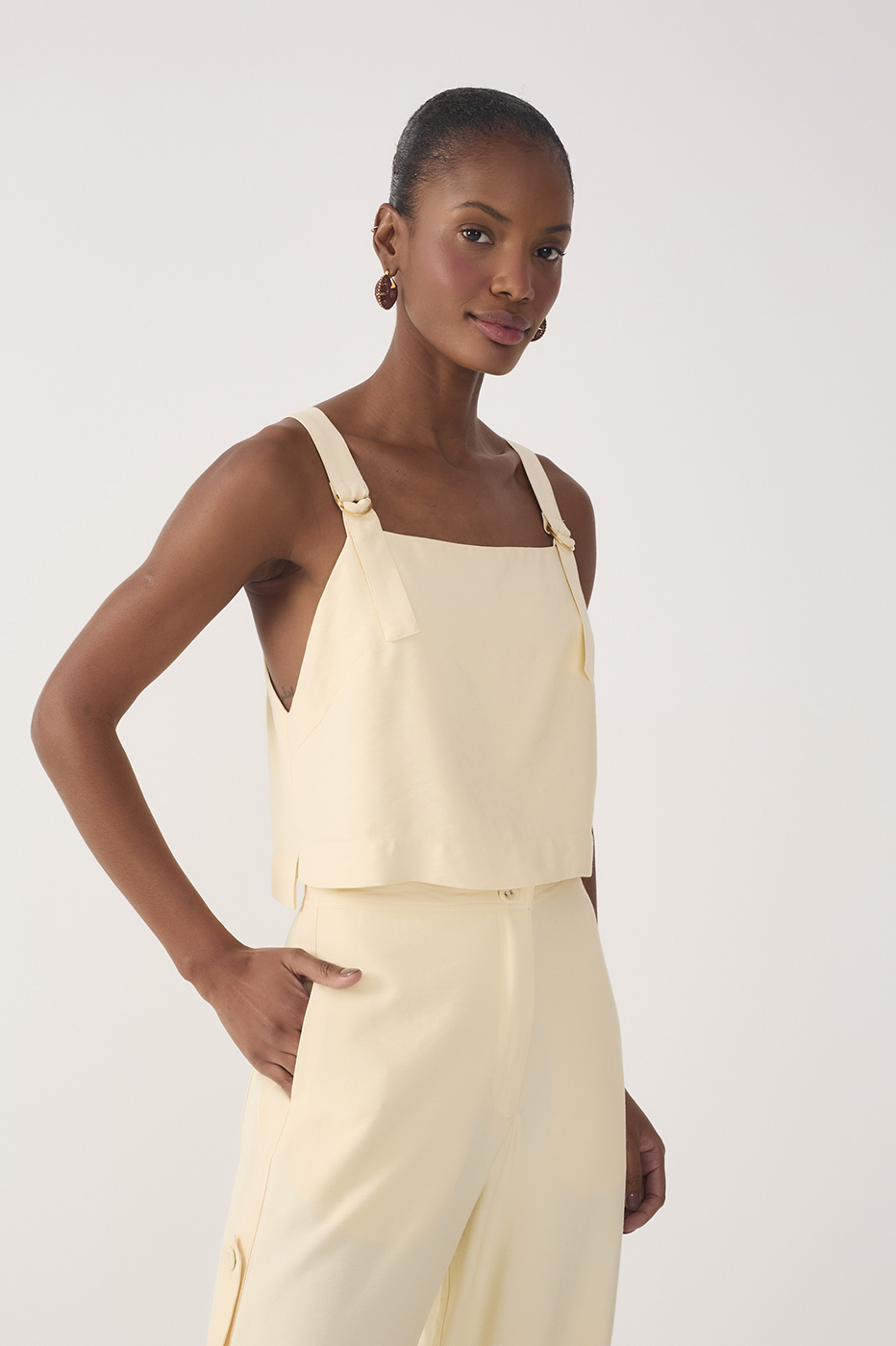 Beige Straight Neck Buckle Strap Blouse
