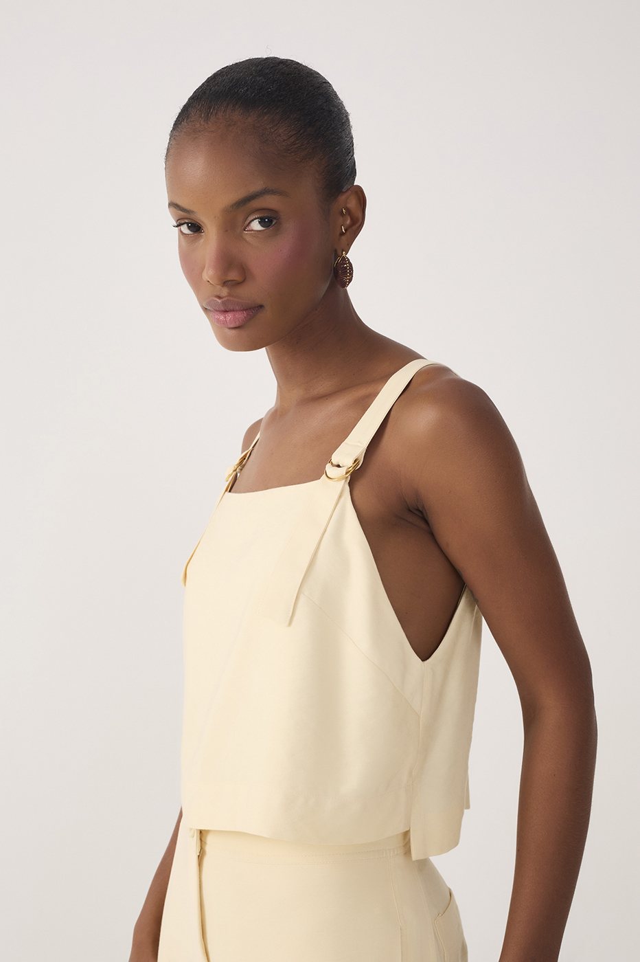 Beige Straight Neck Buckle Strap Blouse