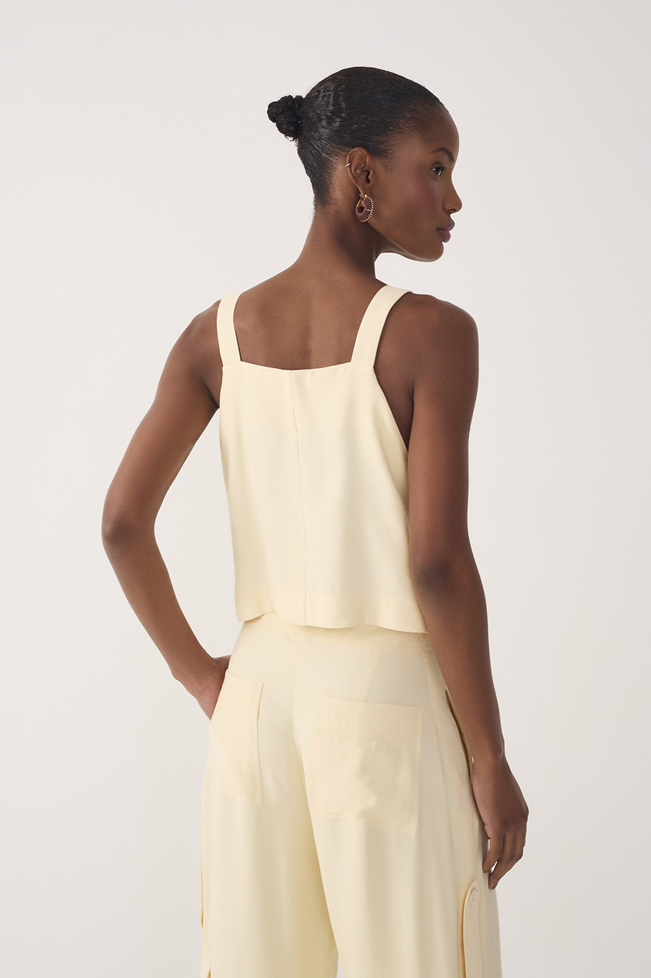 Beige Straight Neck Buckle Strap Blouse