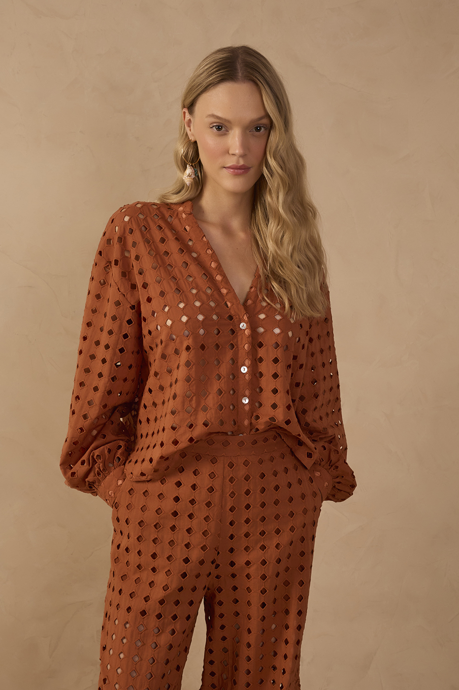 Brown Castanha Lace V Neck Long Sleeve Shirt