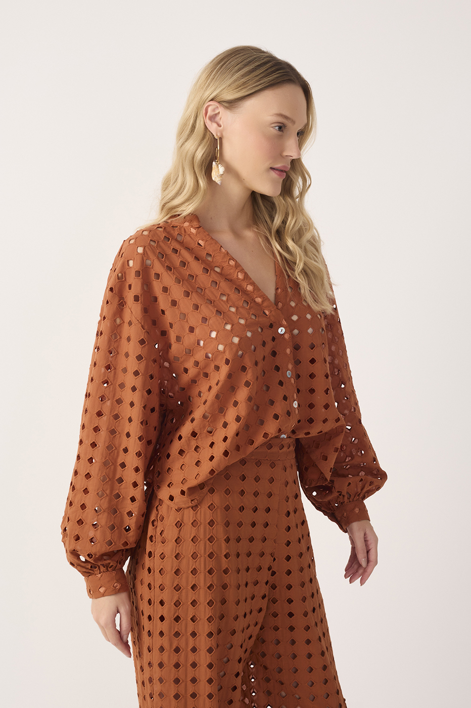 Brown Castanha Lace V Neck Long Sleeve Shirt