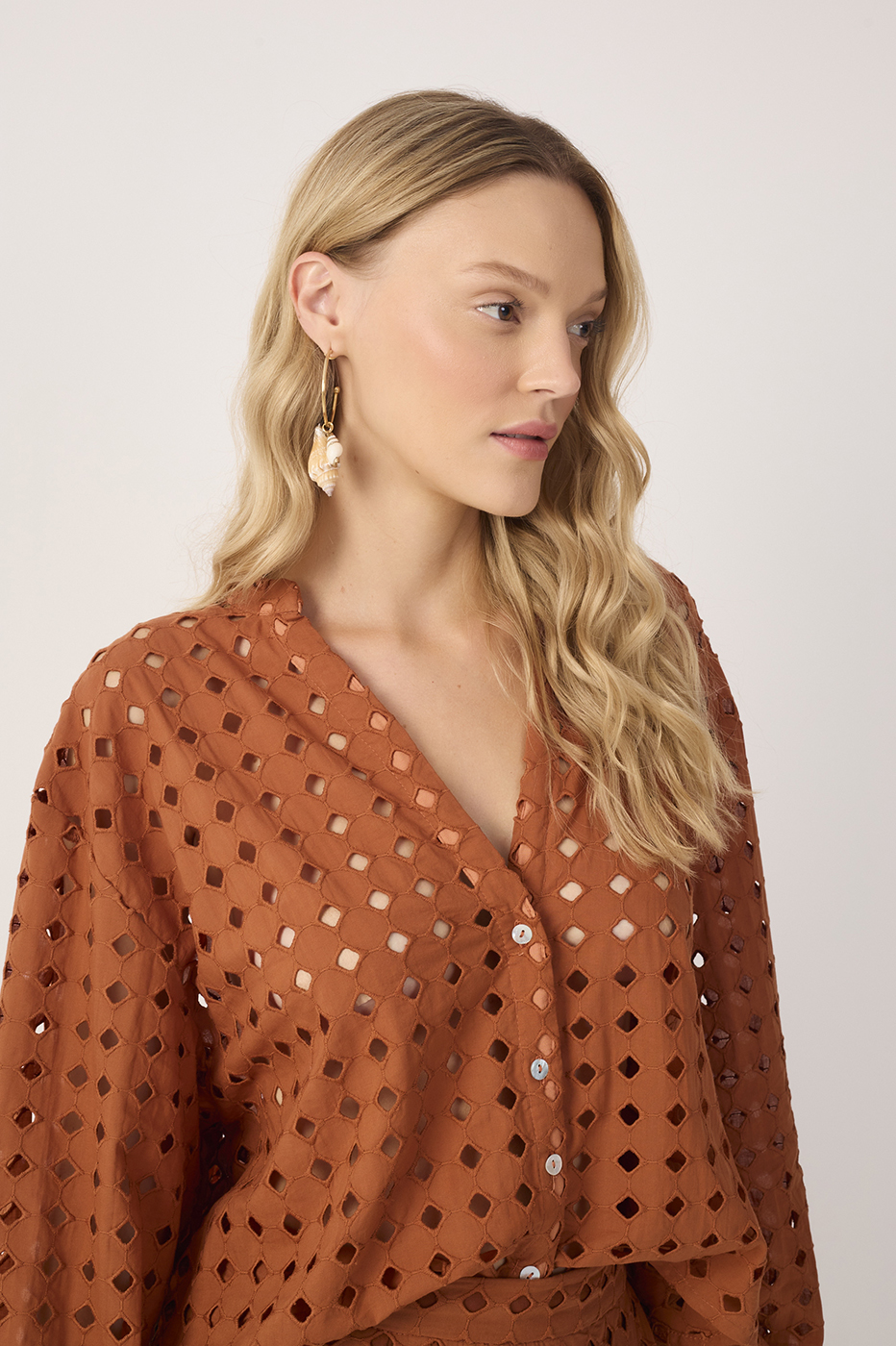Brown Castanha Lace V Neck Long Sleeve Shirt