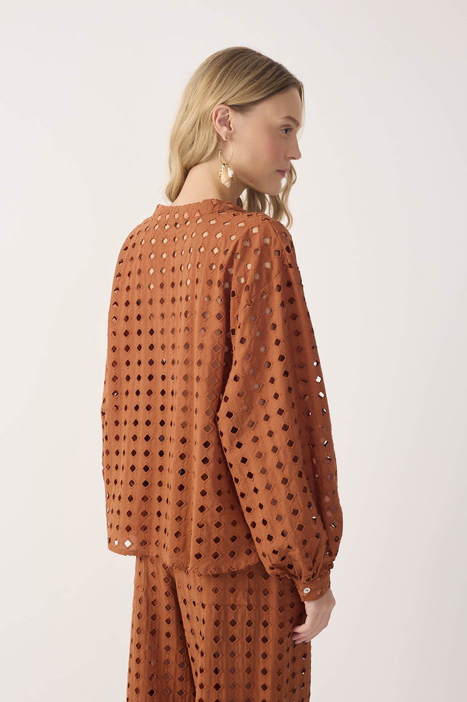 Brown Castanha Lace V Neck Long Sleeve Shirt