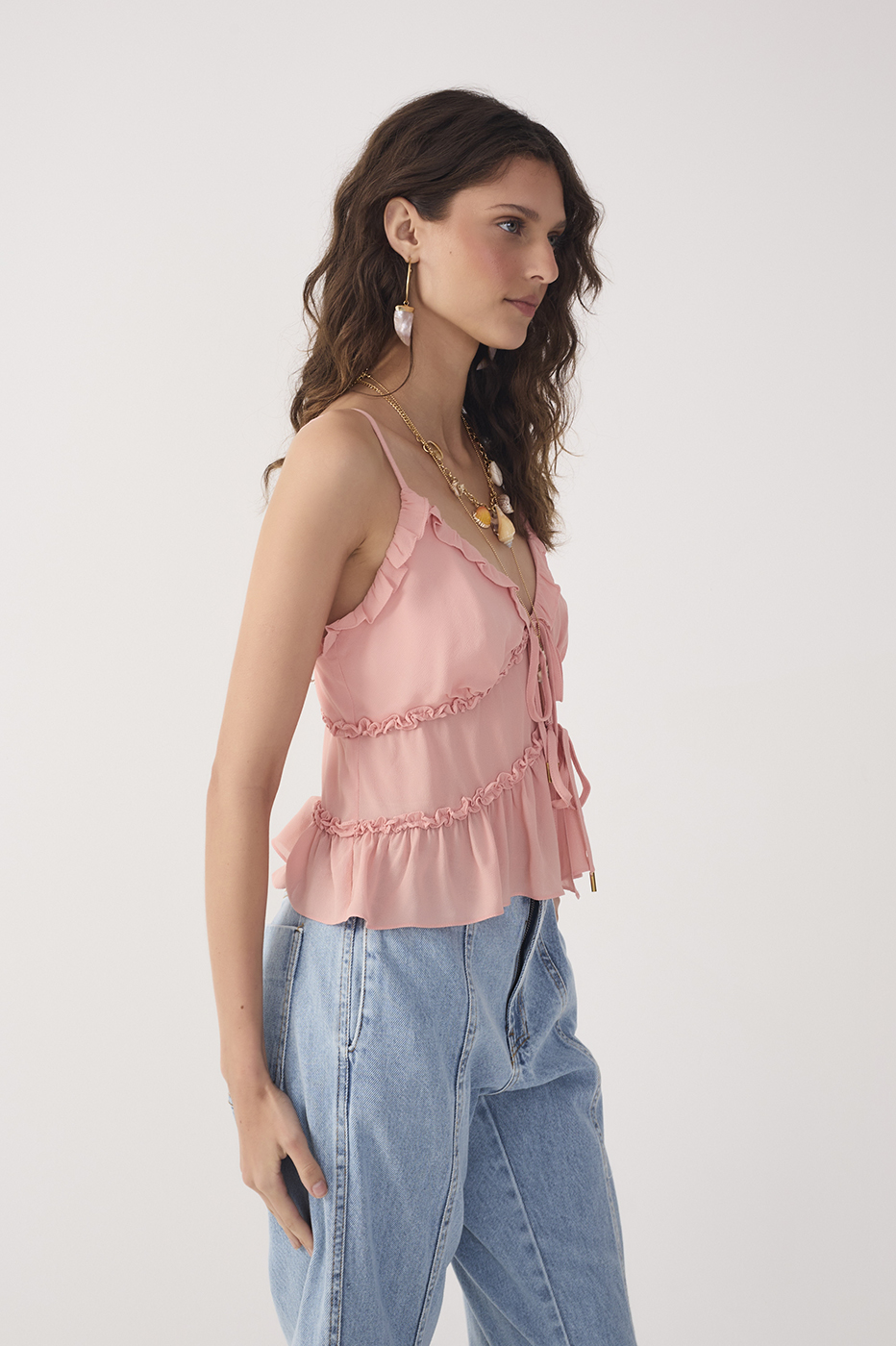 Pink Brisa Front Ties Ruffled Sleeveless Blouse