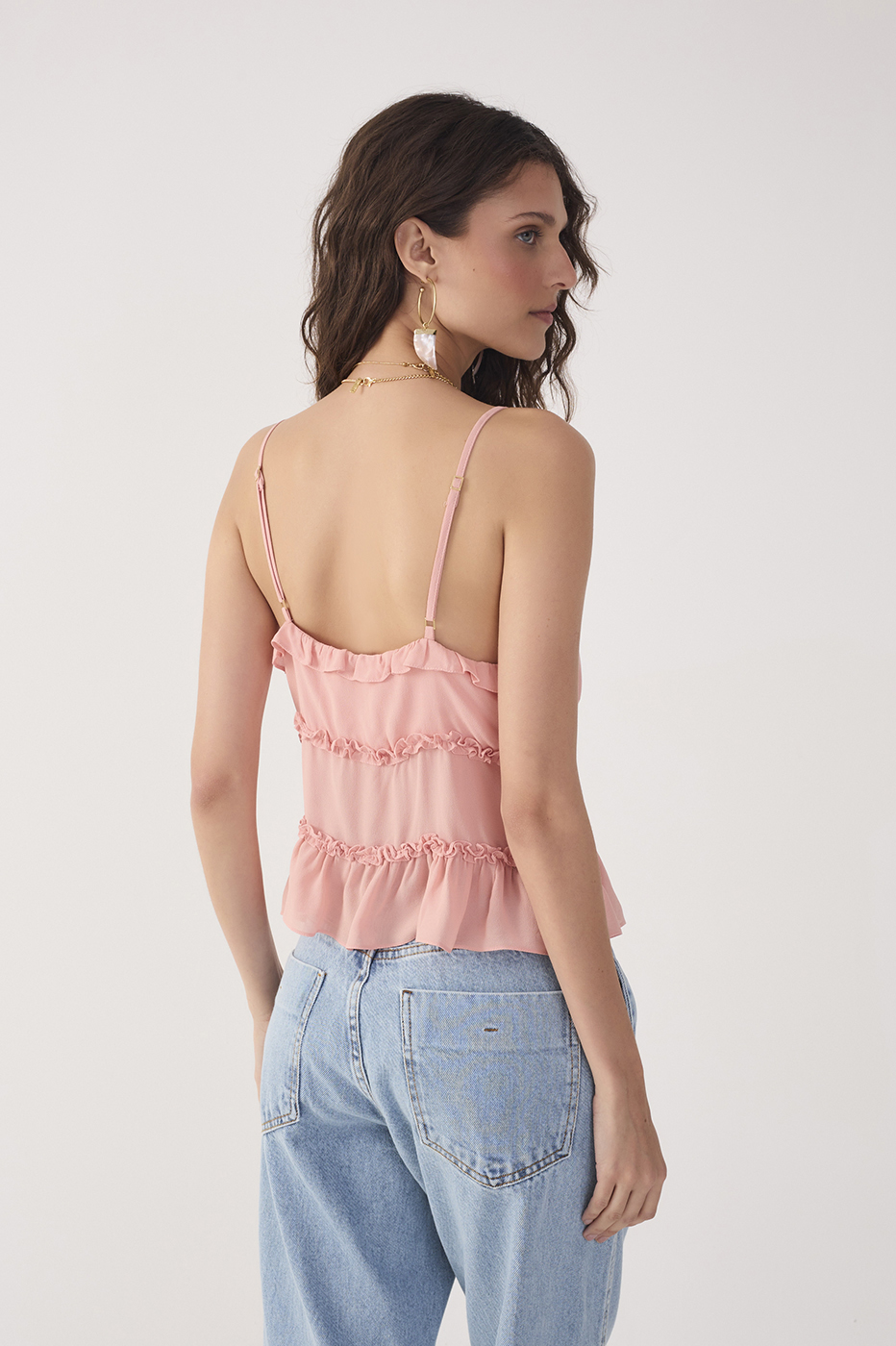 Pink Brisa Front Ties Ruffled Sleeveless Blouse