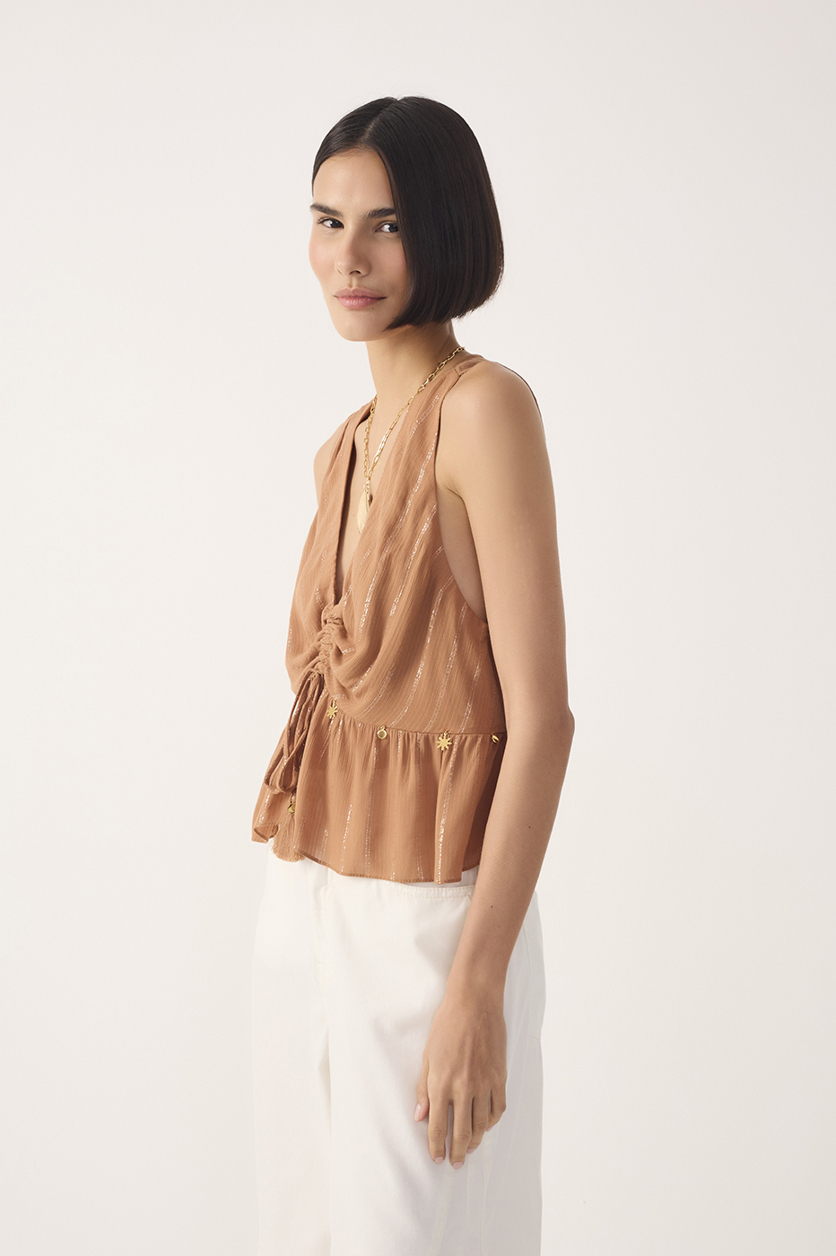Beige Ruched Embroidered Lurex Blouse