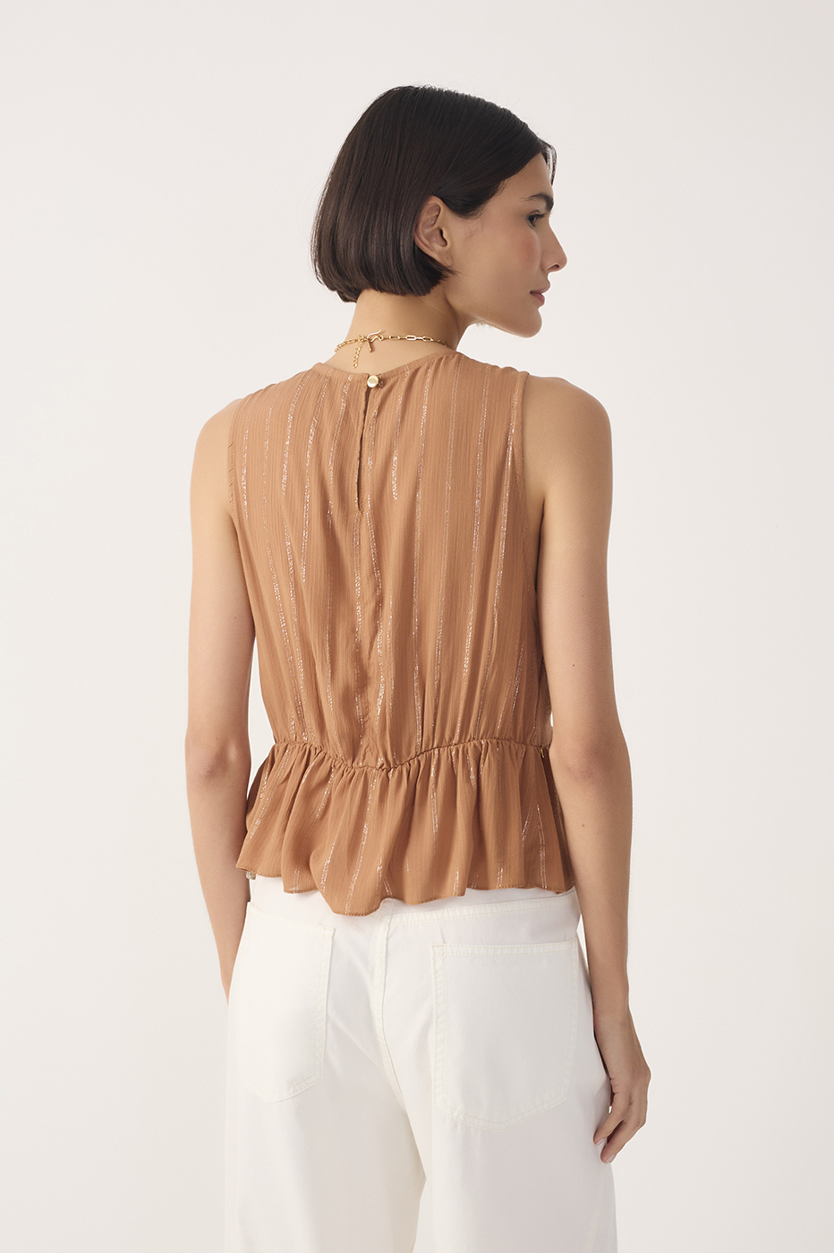 Beige Ruched Embroidered Lurex Blouse