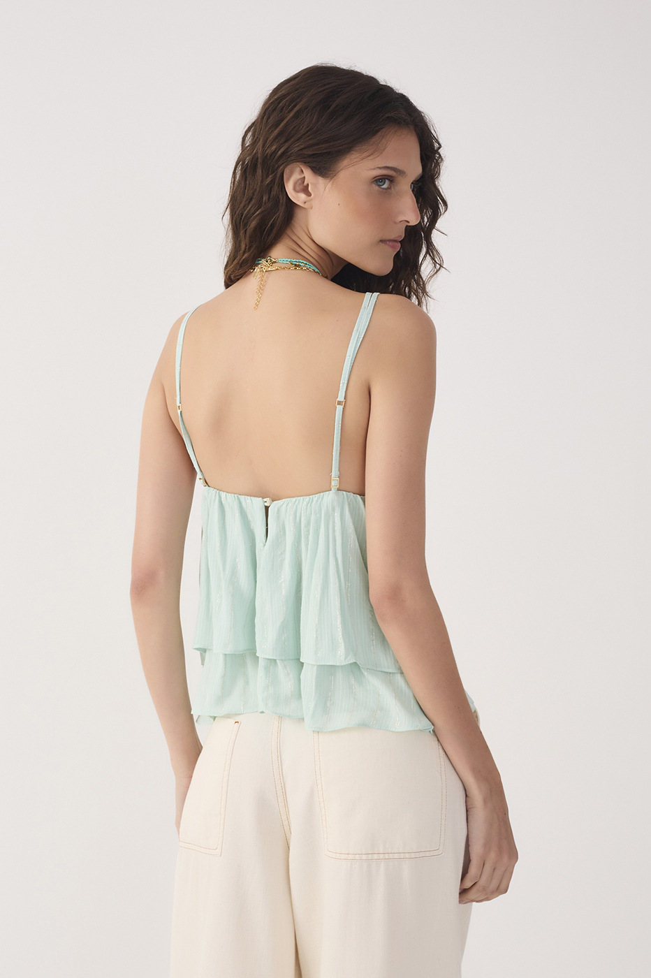 Green Lurex Smocked Layered Blouse