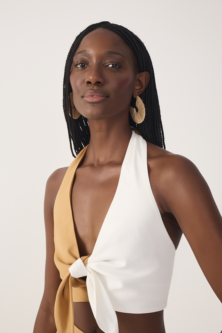 Bicolor Halter Neck Tie-Front Linen Blouse