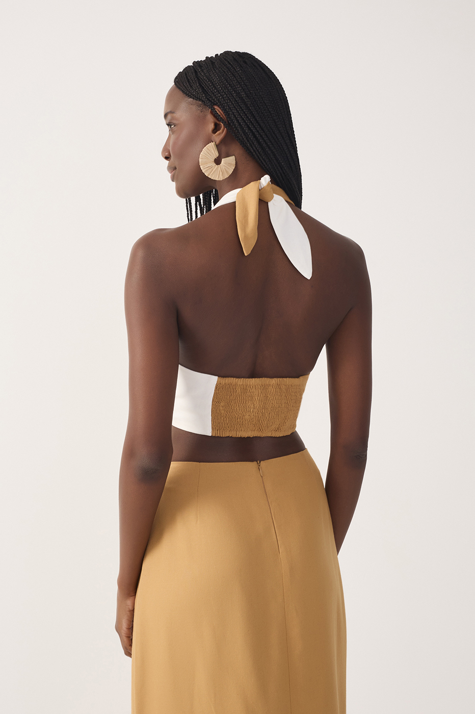 Bicolor Halter Neck Tie-Front Linen Blouse