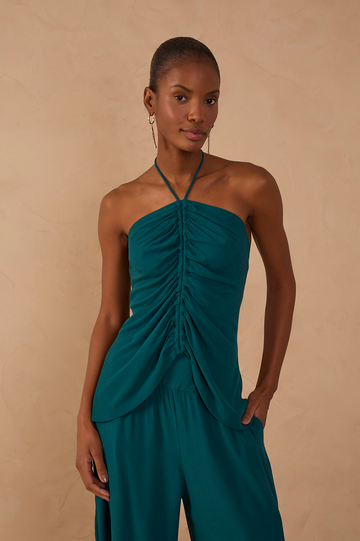 Green Halter Neck Ruched Crepe Blouse