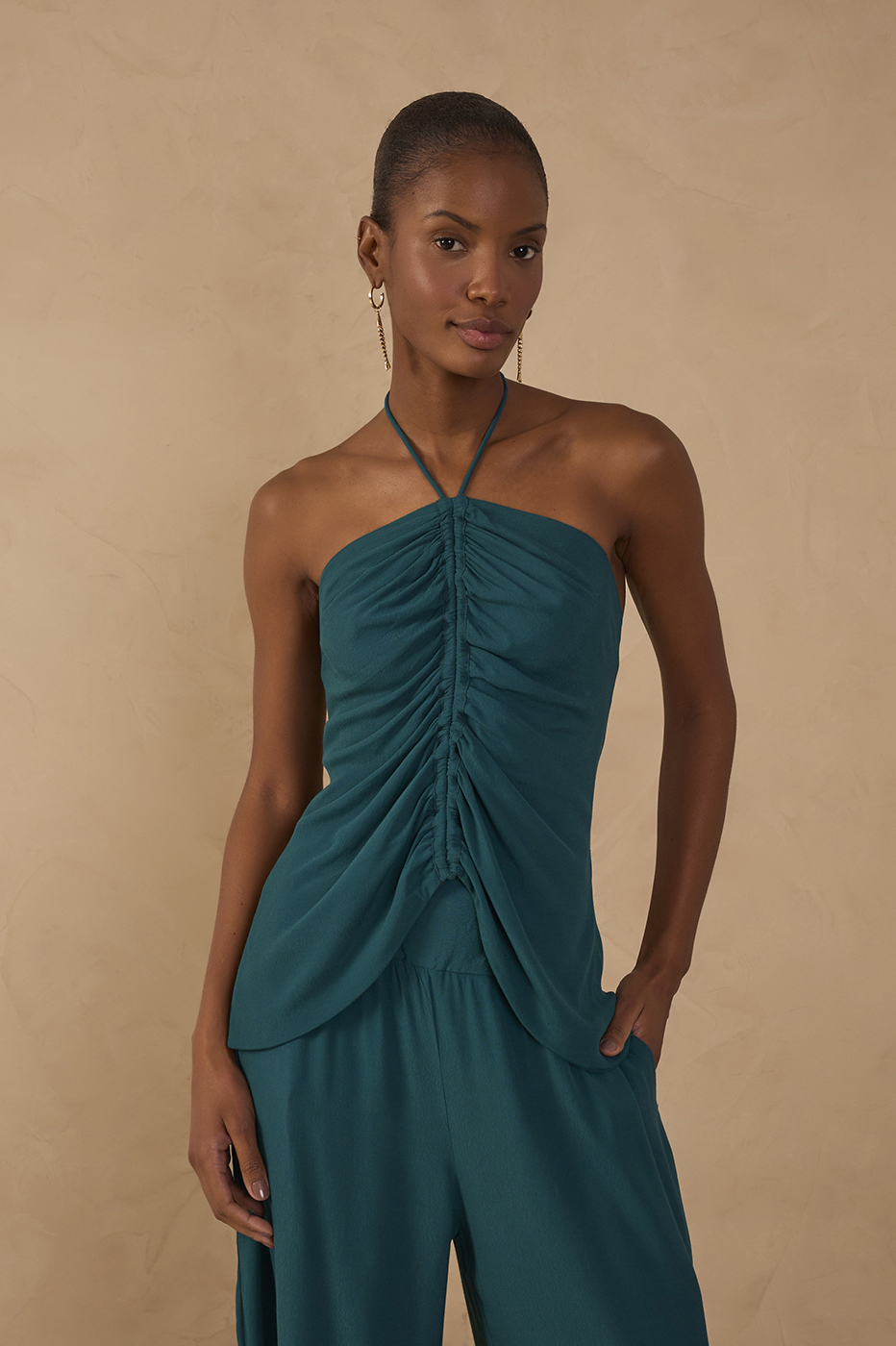 Green Halter Neck Ruched Crepe Blouse