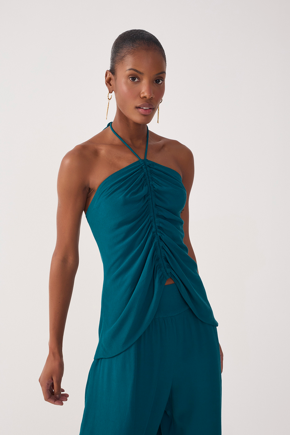 Green Halter Neck Ruched Crepe Blouse