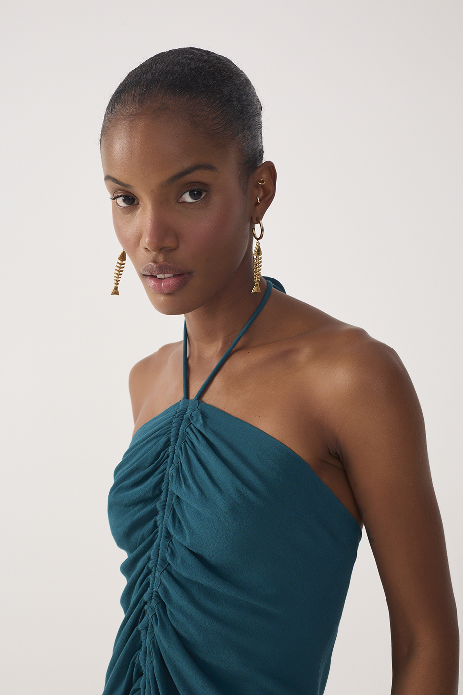 Green Halter Neck Ruched Crepe Blouse