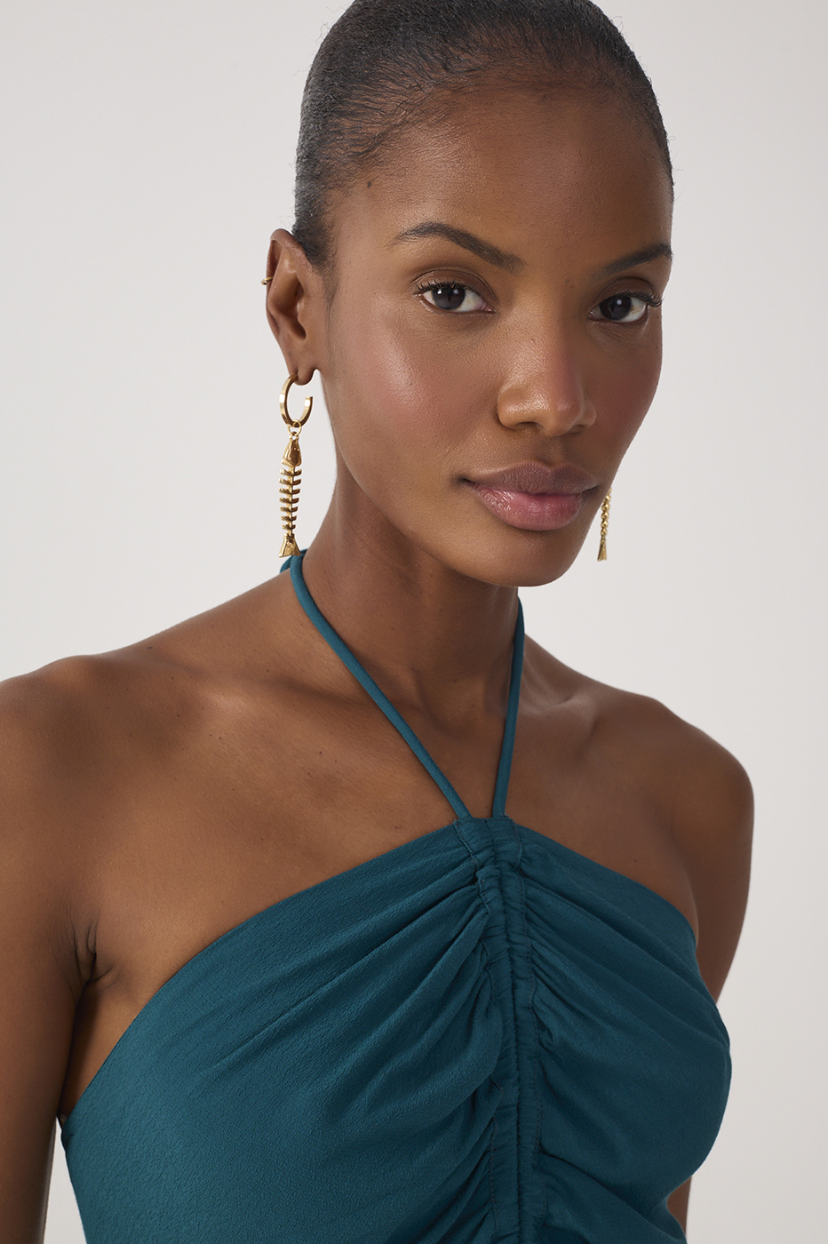 Green Halter Neck Ruched Crepe Blouse