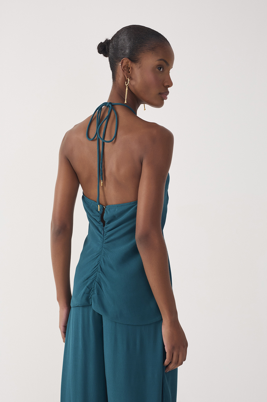 Green Halter Neck Ruched Crepe Blouse