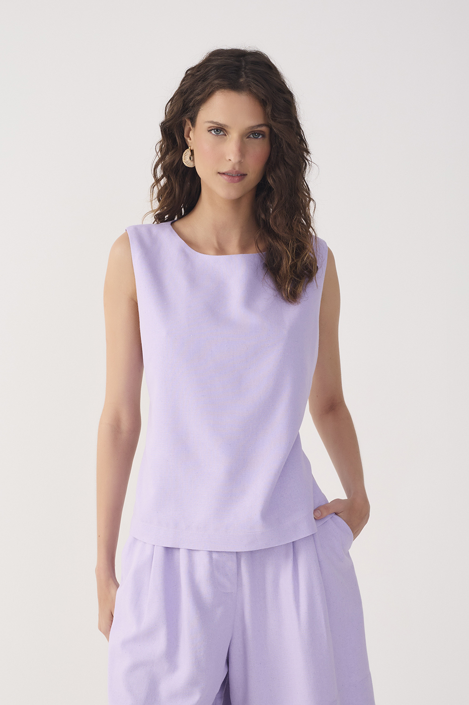 Lilac Open Back Ties Sleeveless Linen Blouse