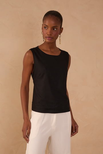 Black Open Back Ties Sleeveless Linen Blouse