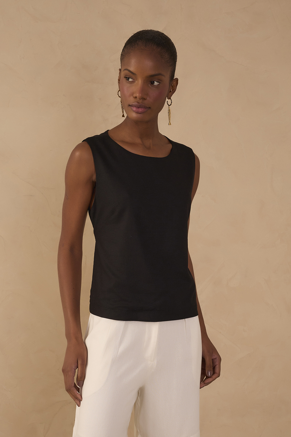 Black Open Back Ties Sleeveless Linen Blouse