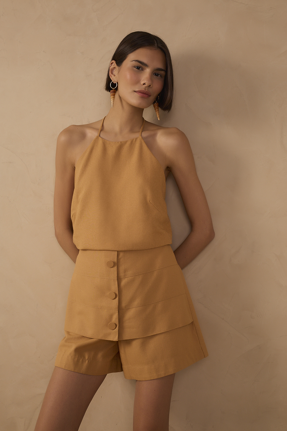 Beige Halter Neck Linen Blouse