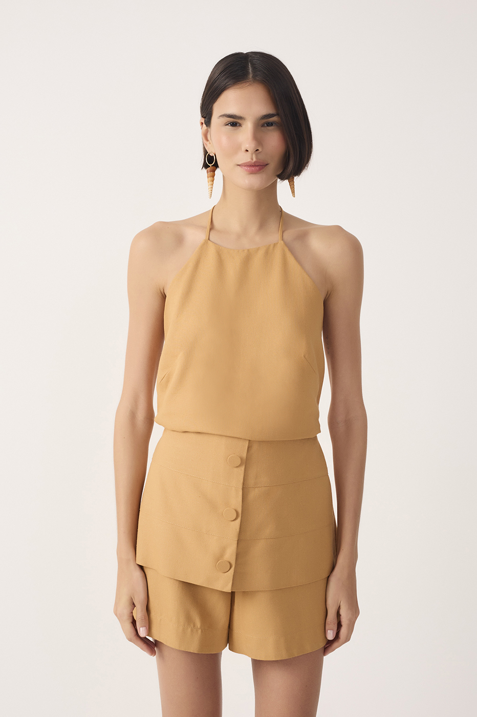 Beige Halter Neck Linen Blouse