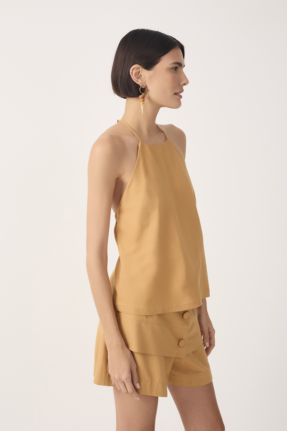 Beige Halter Neck Linen Blouse