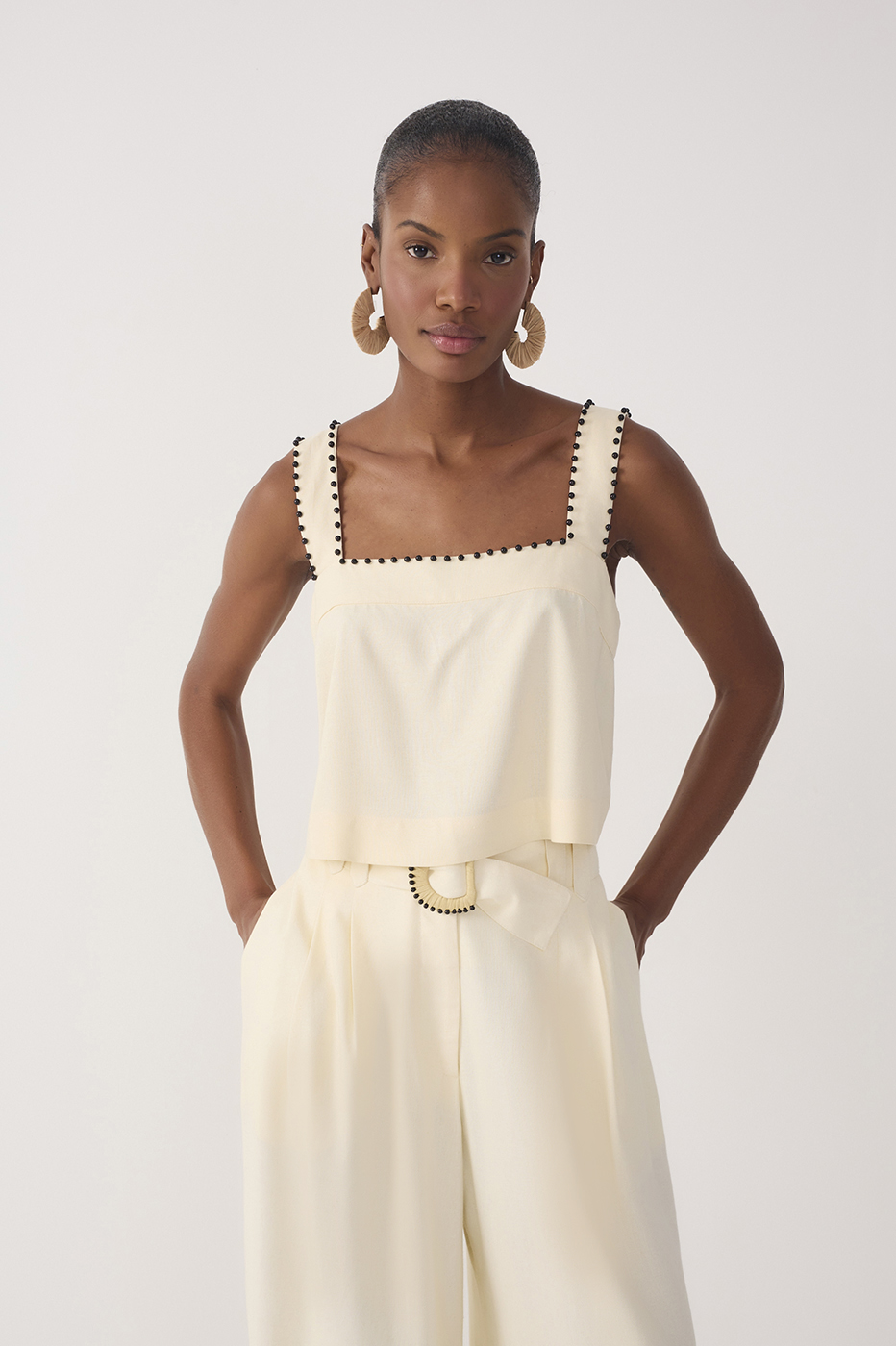 Beige Sleeveless Beading Linen Blouse